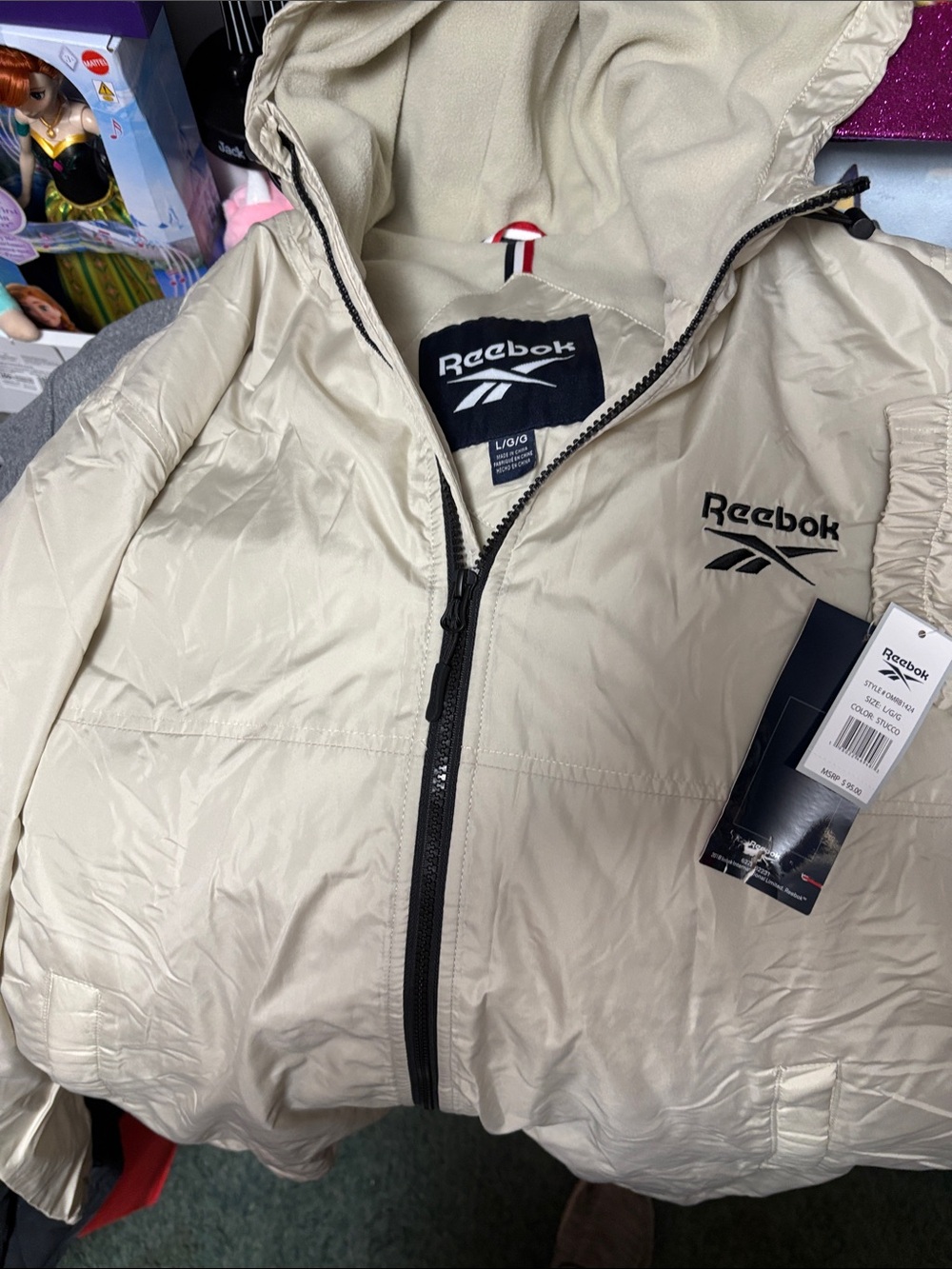 Reebok Men’s Hooded Puffer Jacket in Cream with Black Trim